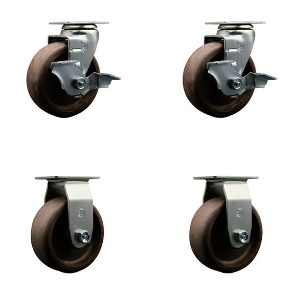 5 Inch High Temp Glass Filled Nylon Caster Set w/Roller Bearing 2 Brakes 2 Rigid
