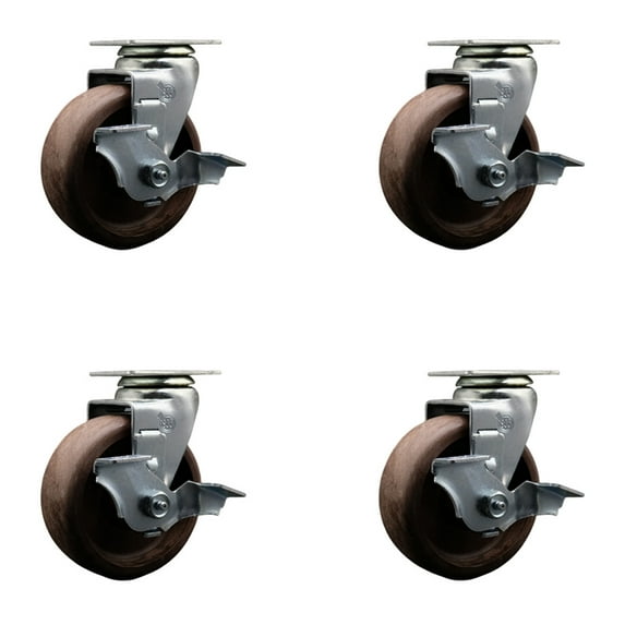 5 Inch High Temp Glass Filled Nylon Swivel Caster Set w/Bronze Bearing and Brake