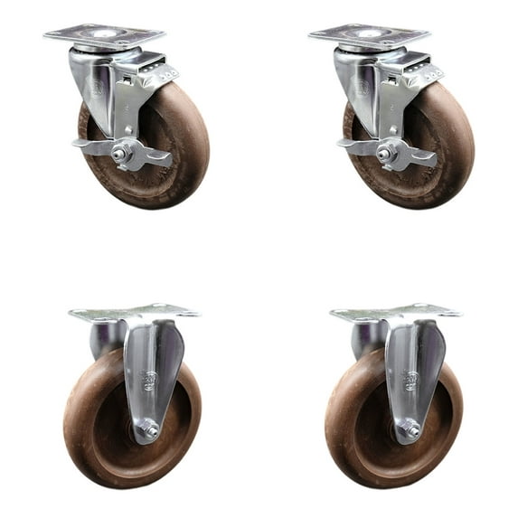 5 Inch High Temp Glass Filled Nylon Top Plate Caster Set with 2 Brakes 2 Rigid