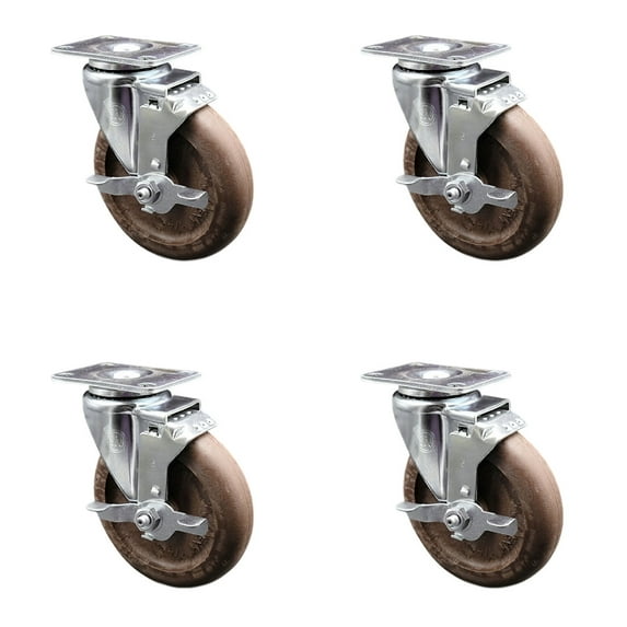 5 Inch High Temp Glass Filled Nylon Wheel Swivel Top Plate Caster Set with Brake