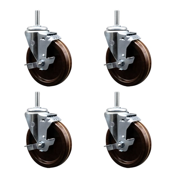 5 Inch High Temp Phenolic 3/4 Inch Threaded Stem Caster Set with Brake