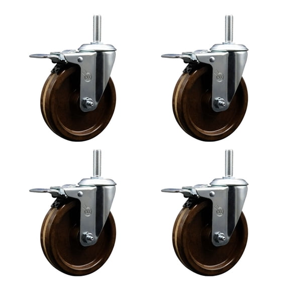 5 Inch High Temp Phenolic 5/8 Inch Stem Caster Set with Total Lock Brake