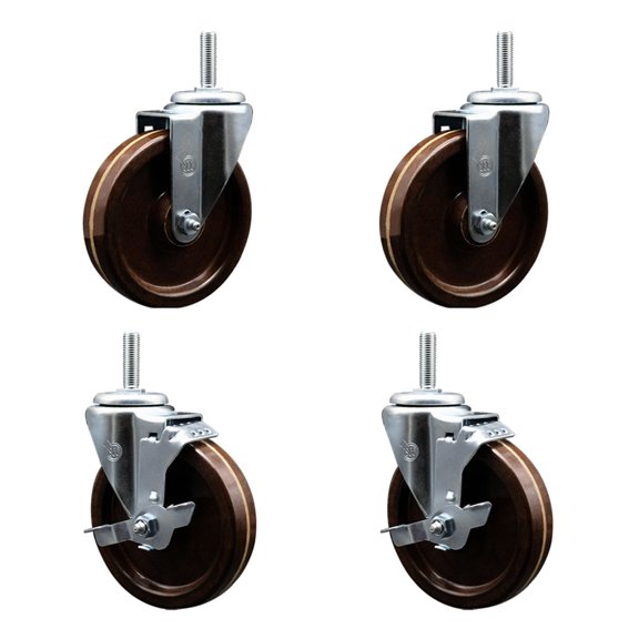 5 Inch High Temp Phenolic 5/8 Inch Threaded Stem Caster Set 2 Brakes SCC