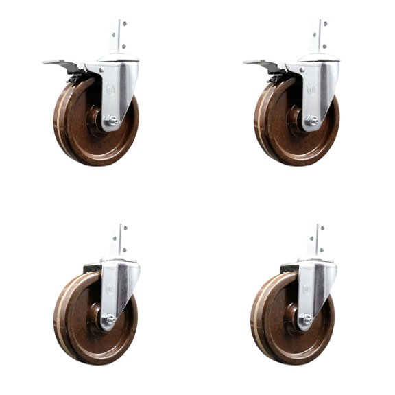 5 Inch High Temp Phenolic 7/8 Inch Square Stem Caster Set 2 Total Lock Brake SCC