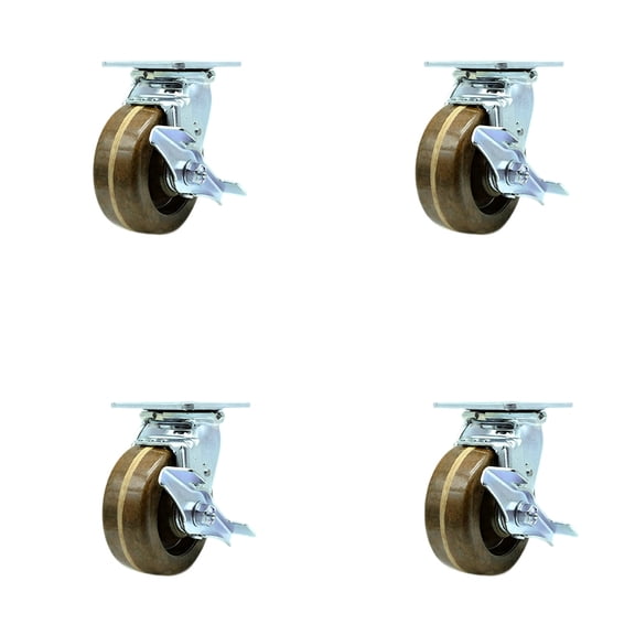 5 Inch High Temp Phenolic Caster Set w/Bronze Bearings and Brake/Swivel Lock SCC