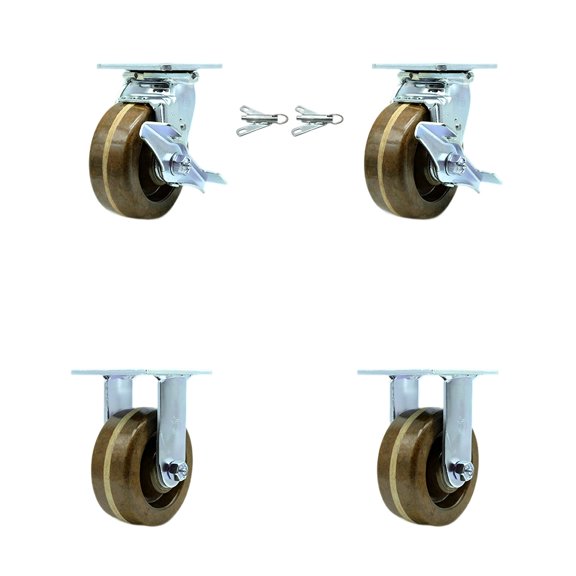 5 Inch High Temp Phenolic Caster Set with 2 Brakes/Swivel Locks 2 Rigid SCC