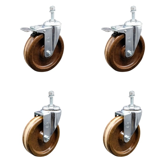 5 Inch High Temp Phenolic Swivel 3/8 Inch Stem Caster Set 2 Total Lock Brake SCC