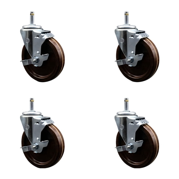 5 Inch High Temp Phenolic Swivel 7/16 Inch Grip Ring Stem Caster Set with Brake