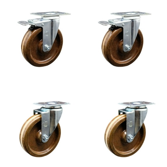 5 Inch High Temp Phenolic Wheel Swivel Top Plate Caster Set 2 Total Lock Brakes