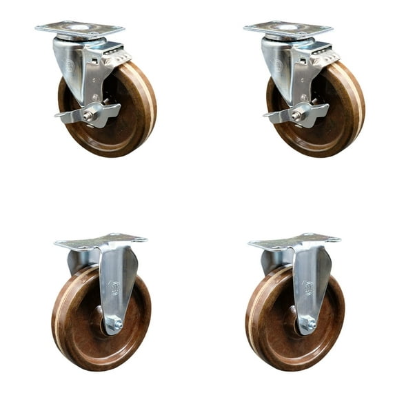 5 Inch High Temp Phenolic Wheel Swivel Top Plate Caster Set with 2 Brake 2 Rigid