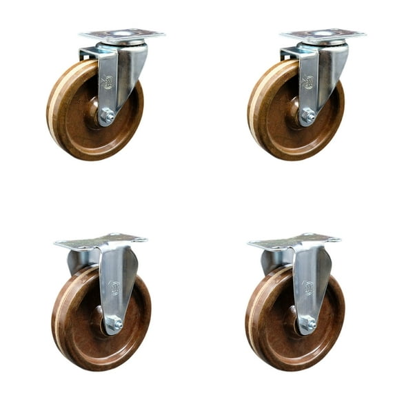 5 Inch High Temp Phenolic Wheel Swivel Top Plate Caster Set with 2 Rigid SCC