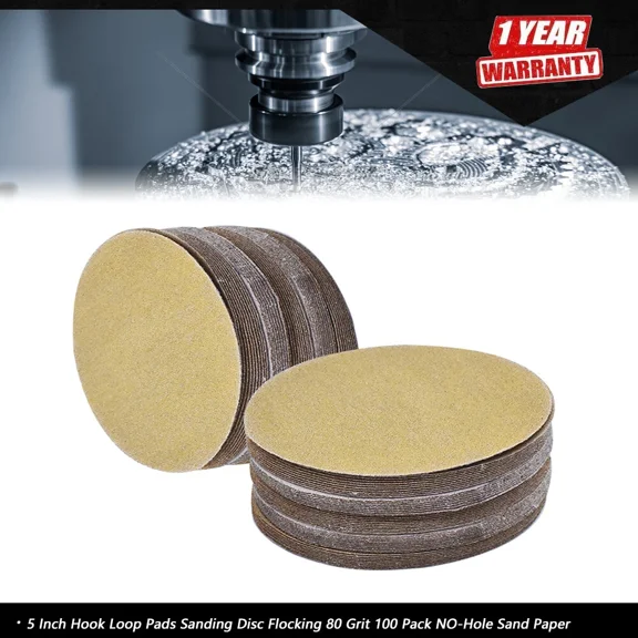 5 Inch Hook Loop Pads Sanding Disc Flocking 80 Grit 100 Pack No-Hole Sand Paper