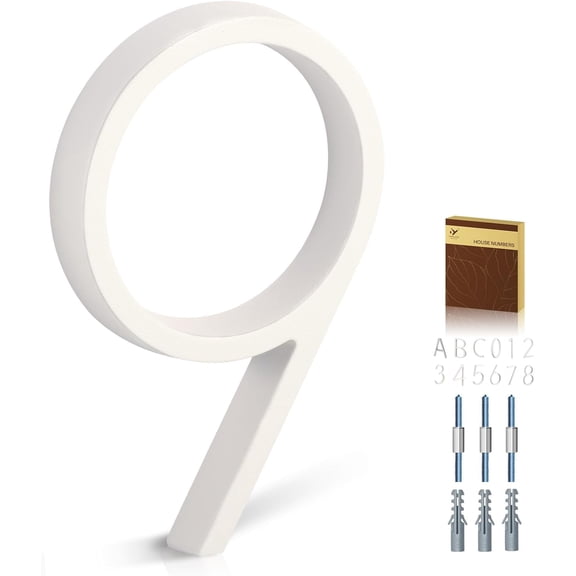 5 Inch House Numbers for Outside, Metal Address Number 9- Modern Design, Weather-Resistant White Crystal Powder Coated Finish, Stain Resistant, No Paint Peeling (White)