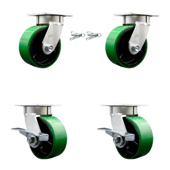 5 Inch KP Green Poly on Cast Iron Caster Set w/Ball Bearings 2 Swvl Lock 2 Brake