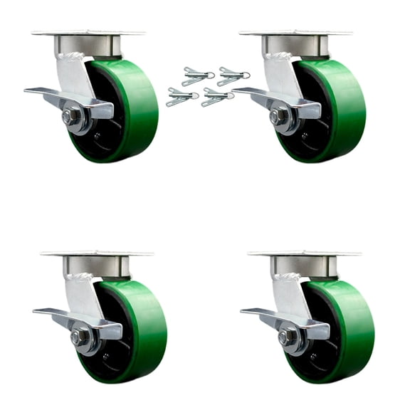 5 Inch KP Green Poly on Cast Iron Caster Set w/Ball Bearings and Brake/Swvl Lock