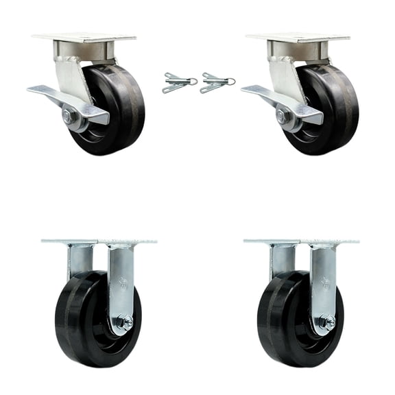 5 Inch KP Phenolic Caster Set with Ball Bearings and 2 Brakes/Swvl Lcks 2 Rigid