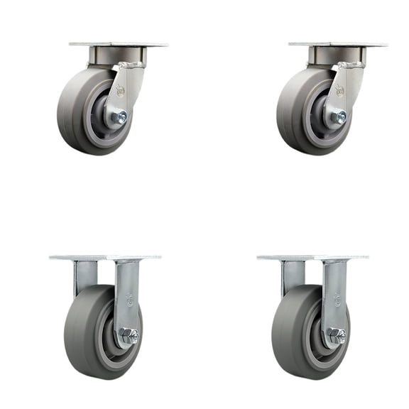 5 Inch KP Thermo Rubber Flat Tread Caster Set w/Ball Bearings 2 Swivel 2 Rigid