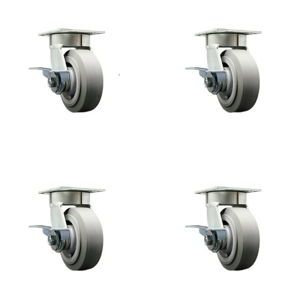 5 Inch KP Thermo Rubber Flat Tread Caster Set w/Ball Bearings&Brake/Swivel Lock