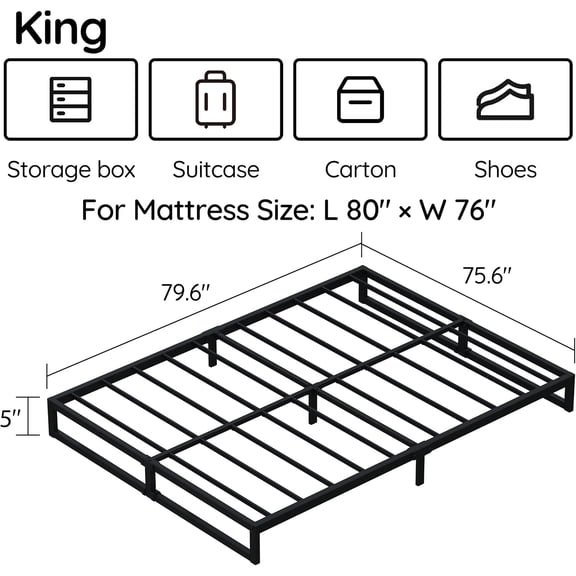 5 Inch King Size Bed Frame Metal Platform Mattress Foundation with Steel Slat Support, No Box Spring Needed, Easy Assembly, Black