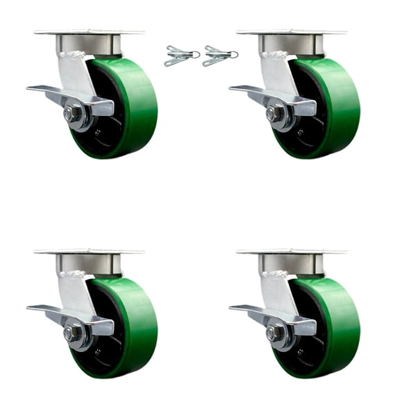 5 Inch Kingpinless Green Poly on Steel Wheel Caster Set 4 Brakes 2 Swivel Locks