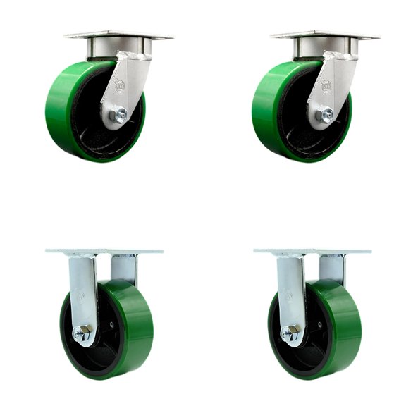 5 Inch Kingpinless Green Poly on Steel Wheel Swivel Caster Set 2 Swivel 2 Rigid