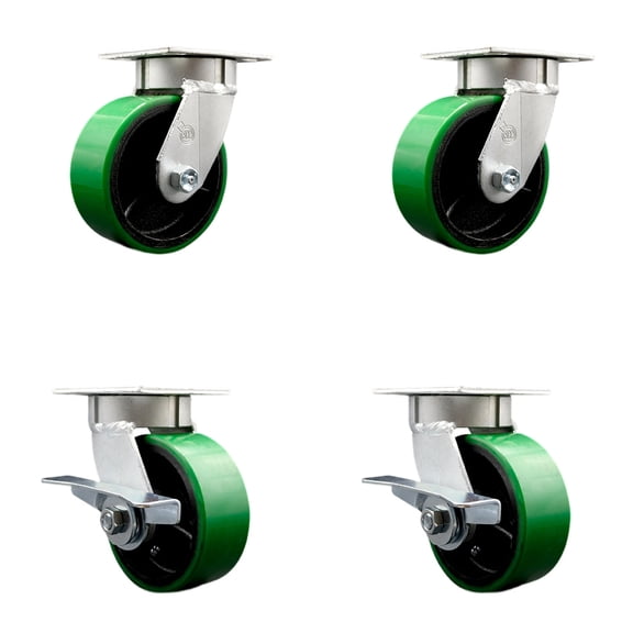 5 Inch Kingpinless Green Poly on Steel Wheel Swivel Caster Set with 2 Brakes SCC