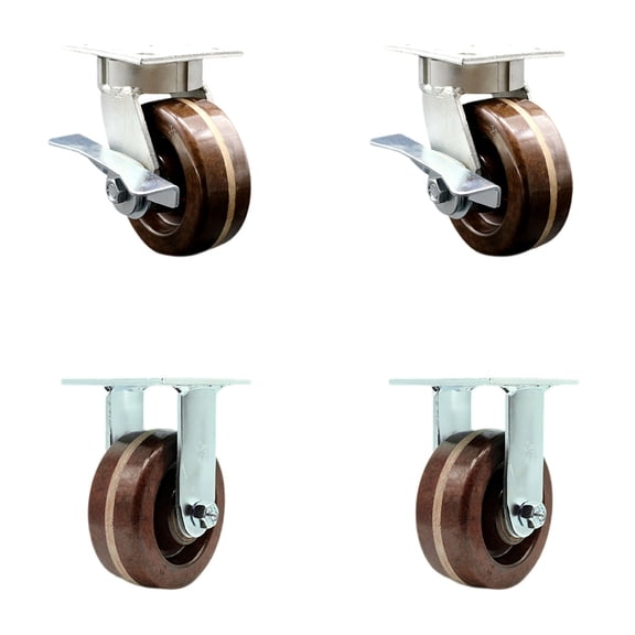 5 Inch Kingpinless High Temp Phenolic Wheel Caster Set 2 Brakes 2 Rigid SCC