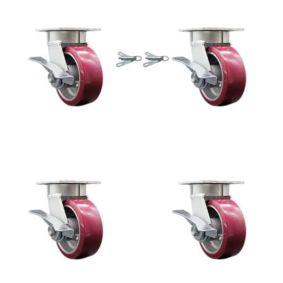 5 Inch Kingpinless Poly on Aluminum Wheel Caster Set 4 Brakes 2 Swivel Locks SCC