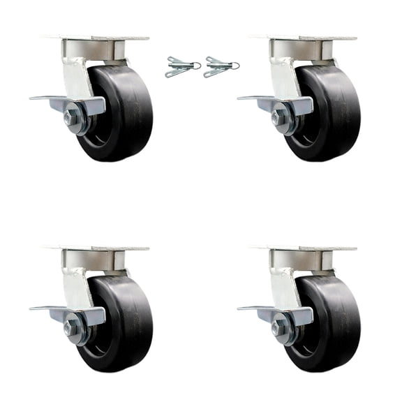 5 Inch Kingpinless Polyolefin Wheel Caster Set 4 Brakes 2 Swivel Locks SCC