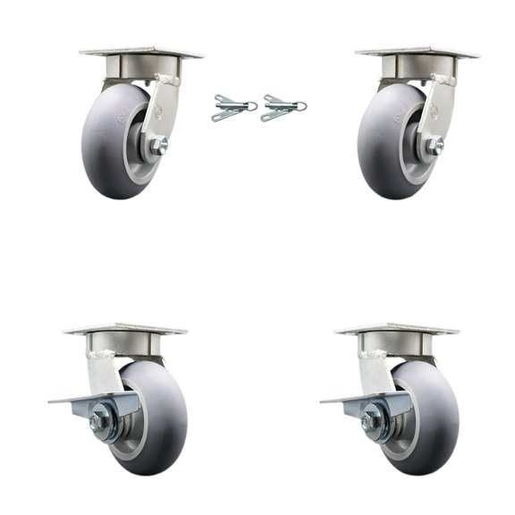 5 Inch Kingpinless Thermoplastic Rubber Wheel Caster Set 2 Swivel Locks 2 Brakes
