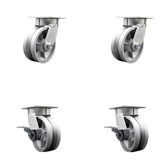 5 Inch Kingpinless V Groove Semi Steel Wheel Swivel Caster Set with 2 Brakes SCC