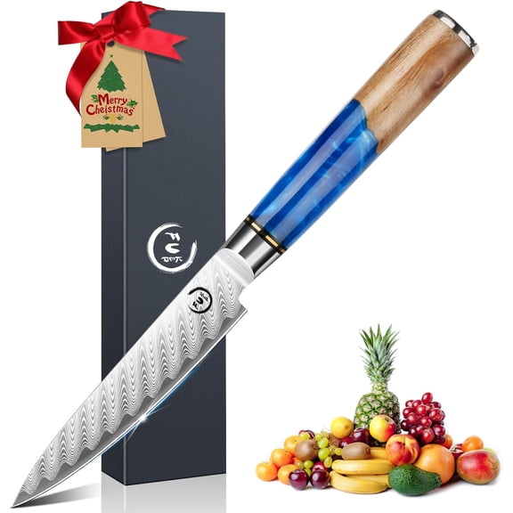 5 Inch Kitchen Utility Knife, Damascus Paring Knives,Japanese VG10 Steel Fruit Knife-Ergonomic Blue Resin Handle Ideal Birthday Gift for Men and Women