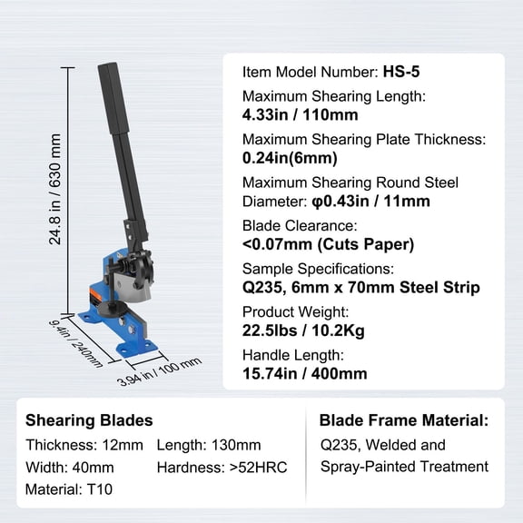5 Inch Manual Hand Plate Shear for Metal Sheet Processing HS-5 Benchtop Cutter Q235 Material Heavy Duty Roll Press for Builders DIY Thick Steel Crafting