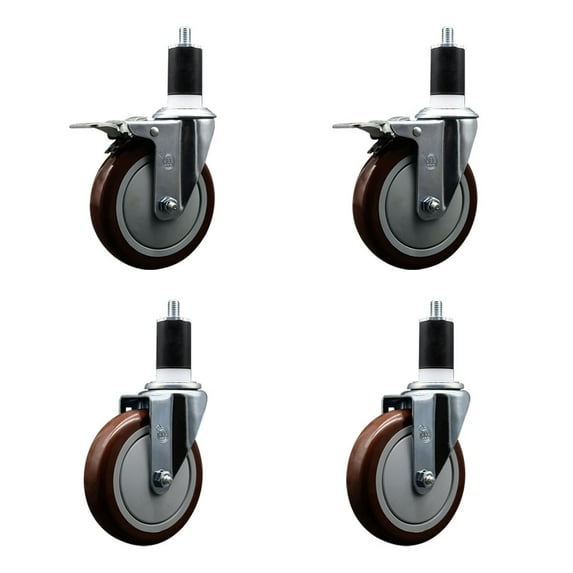 5 Inch Maroon Poly Swivel 1-1/2 Inch Expanding Stem Caster Set 2 Brakes