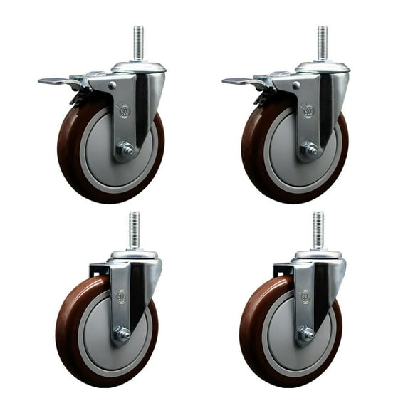 5 Inch Maroon Poly Swivel 3/4 Inch Threaded Stem Caster Set 2 Total Lock Brakes
