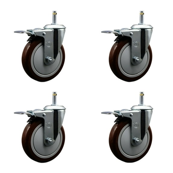 5 Inch Maroon Poly Swivel 7/16 Inch Stem Caster Set with Total Lock Brake