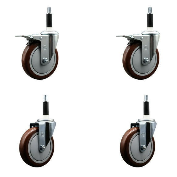 5 Inch Maroon Poly Swivel 7/8 Inch Expanding Stem Caster Set 2 Total Lock Brakes