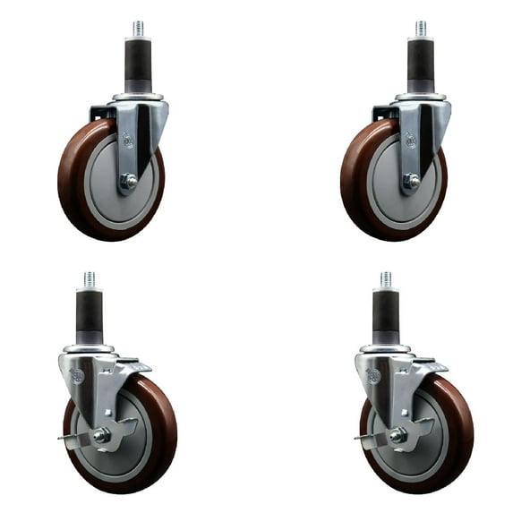 5 Inch Maroon Poly Wheel Swivel 1-1/4 Inch Expanding Stem Caster Set 2 Brakes