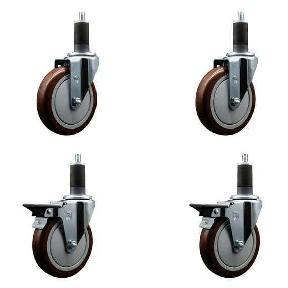 5 Inch Maroon Poly Wheel Swivel 1-1/4 Inch Expanding Stem Caster Set 2 Brakes