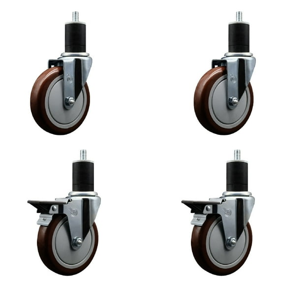 5 Inch Maroon Poly Wheel Swivel 1-3/4 Inch Expanding Stem Caster Set 2 Brakes