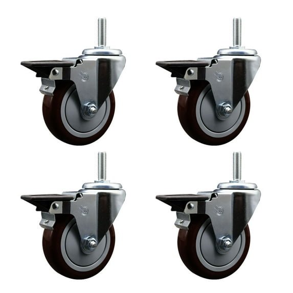5 Inch Maroon Poly Wheel Swivel 3/4 Inch Threaded Stem Caster Set with Brake