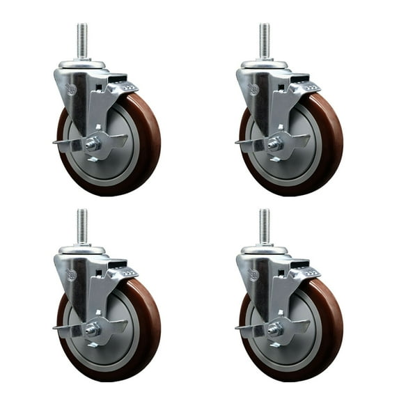 5 Inch Maroon Poly Wheel Swivel 3/4 Inch Threaded Stem Caster Set with Brake