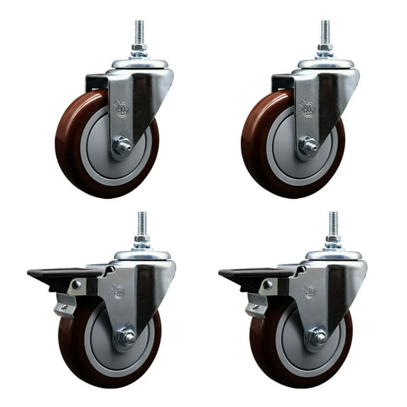 5 Inch Maroon Polyurethane 12MM Threaded Stem Caster Set 2 Brakes SCC