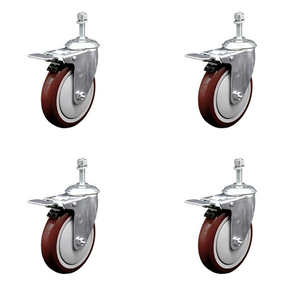 5 Inch Maroon Polyurethane Swivel 3/8 Inch Stem Caster Set with Total Lock Brake