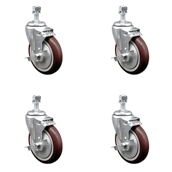 5 Inch Maroon Polyurethane Swivel ½ Inch Threaded Stem Caster Set with Brake SCC