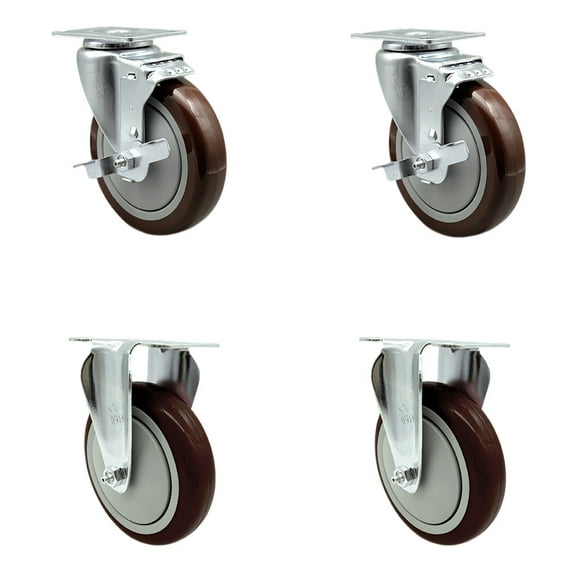 5 Inch Maroon Polyurethane Swivel Top Plate Caster Set with 2 Brakes 2 Rigid SCC