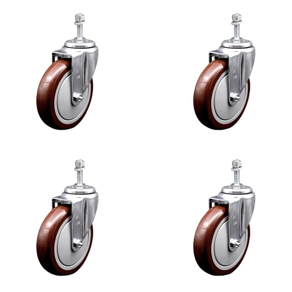 5 Inch Maroon Polyurethane Wheel Swivel 3/8 Inch Threaded Stem Caster Set SCC