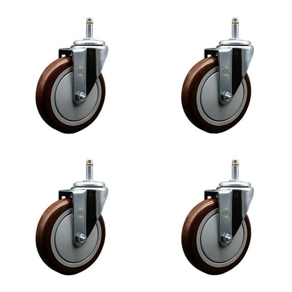 5 Inch Maroon Polyurethane Wheel Swivel 7/16 Inch Grip Ring Stem Caster Set SCC
