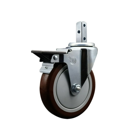 5 Inch Maroon Polyurethane Wheel Swivel 7/8 Inch Square Stem Caster with Brake