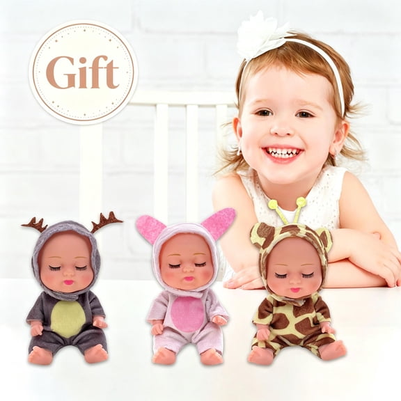 5 Inch Mini Sleeping Reborn Baby Doll, Washable PVC Tiny Doll with Animal Costume & Antler Hood, Poseable Small Simulated Toy for Kids Ages 3+, Birthday Baby Shower Christmas Holiday Collectible Gift
